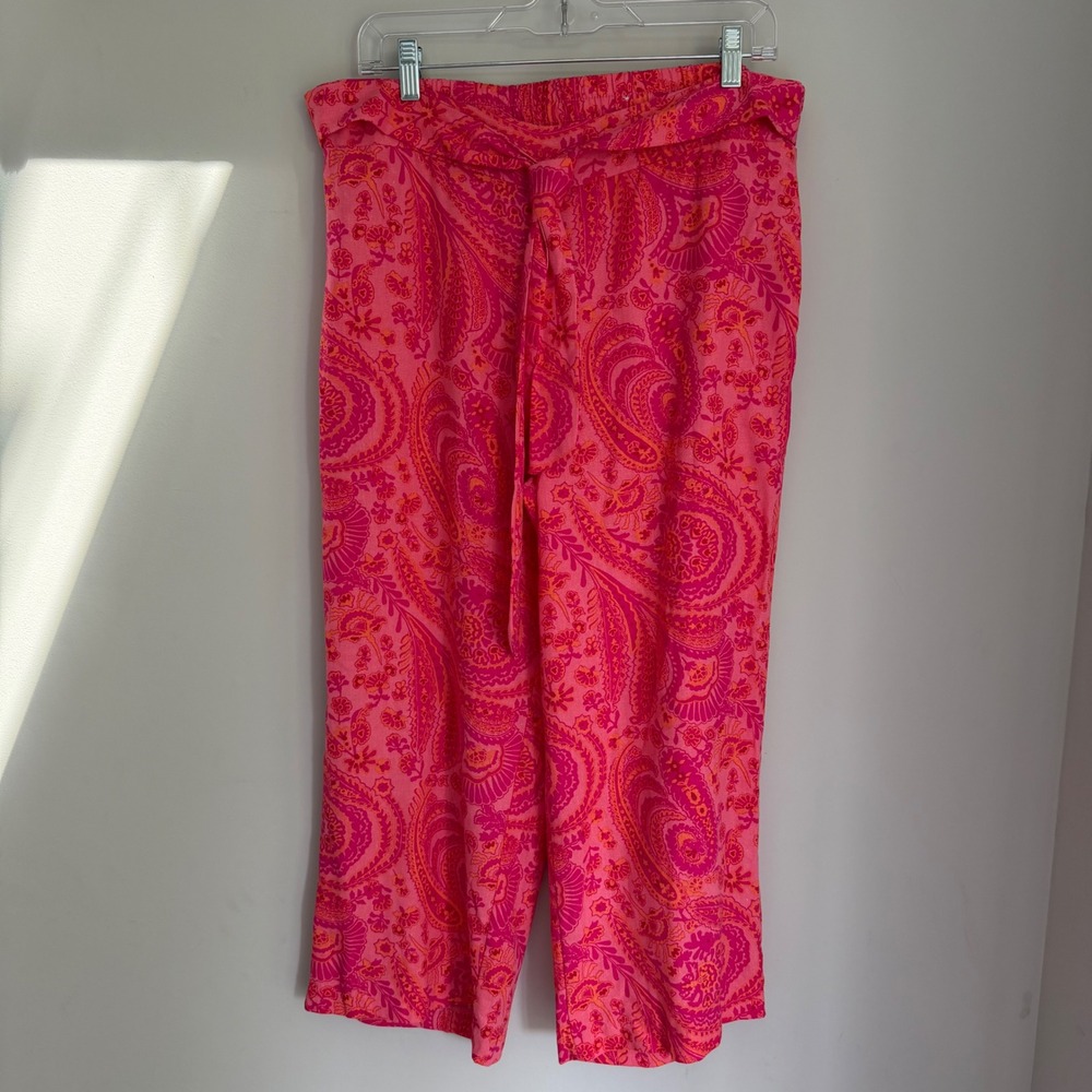 Blu Sol Fushia Paisley Print Wide Leg Cropped Pants Linen Blend Size Medium